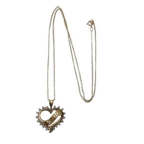 10K Yellow Gold Y2K 2000 Heart Diamond Pendant Chain Necklace 16.5" Long, E859 - Picture 2 of 10